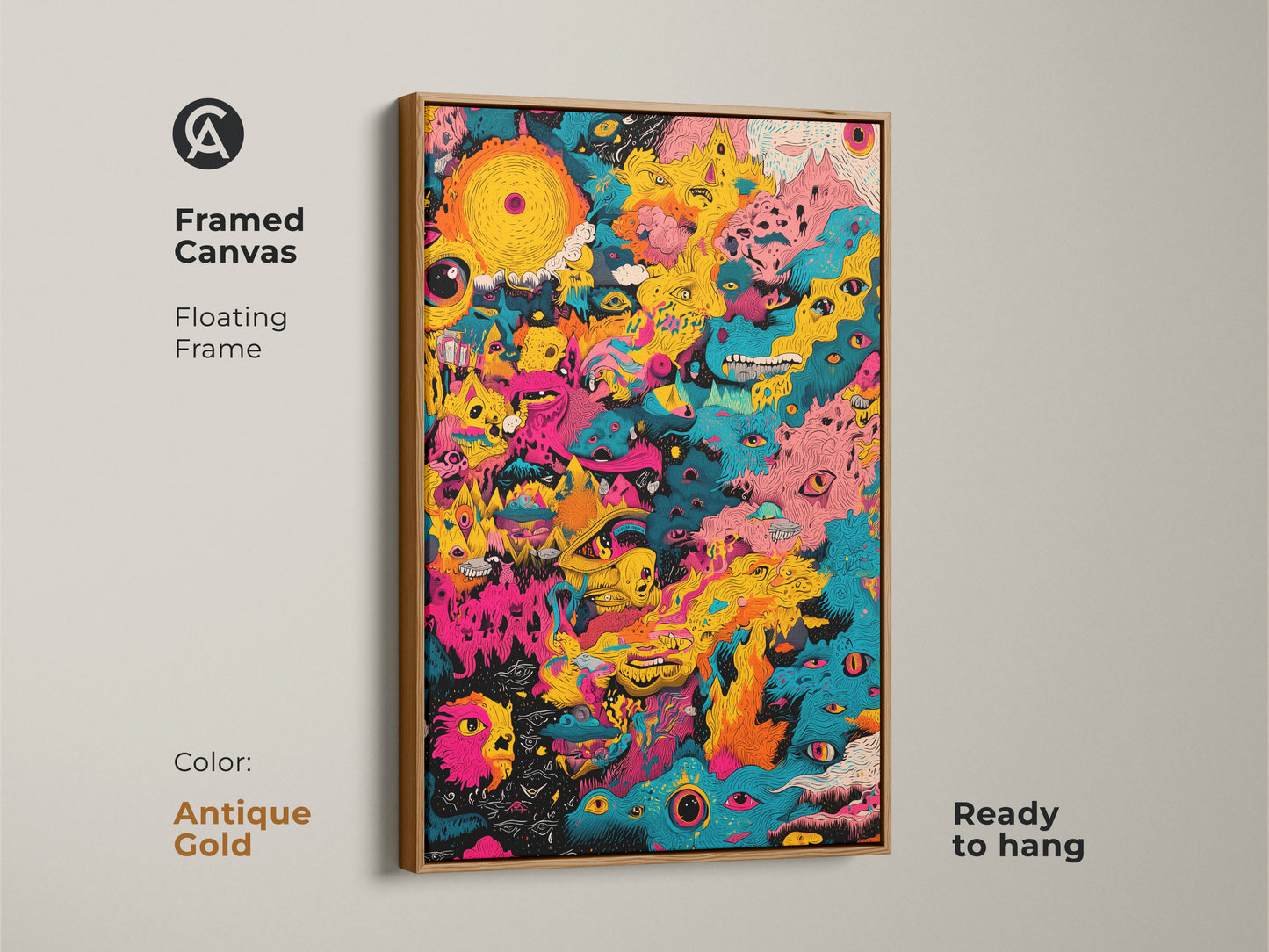 Framed canvas artwork with an antique gold floating frame showcasing colorful abstract eye patterns. This ready-to-hang piece brings elegance to any space. The antique gold frame enhances the vibrant artwork. Perfect for art collectors.