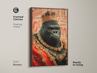 Framed canvas showcasing the regal gorilla canvas print with a brown floating frame. This ornate animal artwork is ready to hang and complements any home or office. The black and gold art piece is a unique statement piece perfect as a birthday gift for him.