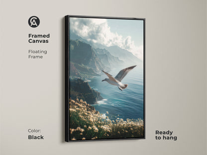 Black Framed Canvas Print. Coastal cliffs and seagull wall art with a floating frame. This ocean blue beach house decor is ready to hang. A photorealistic seascape brings the beauty of the sea into your living space.
