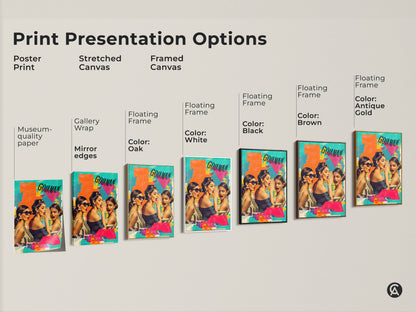 Print presentation options for retro collage art. Choose from poster stretched canvas or framed canvas. Options include black brown antique gold and white frames. Perfect museum quality paper.