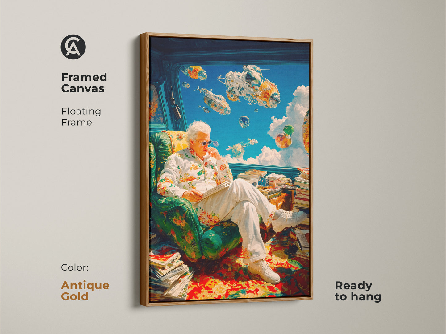 Framed canvas artwork of a man reading indoors. Floral shirt and futuristic vehicles outside. The artwork has an antique gold floating frame. Purchase this ready to hang art for your home. A unique and eye catching conversation piece.