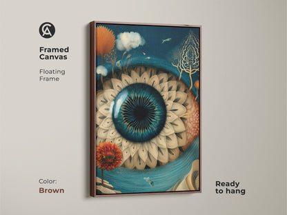 Framed canvas displaying an eclectic surreal eye artwork. The floating frame is brown with a ready to hang feature. The deep blue gold colors enhance the fantasy fish wall decor. Perfect for adding unique art to any room.