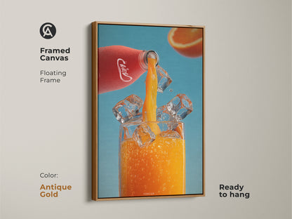 Framed canvas art showcasing contemporary orange juice artwork. The antique gold floating frame complements this modern beverage print. See the vibrant orange juice with ice cubes and a red bottle. A stylish addition to any kitchen or bar decor.