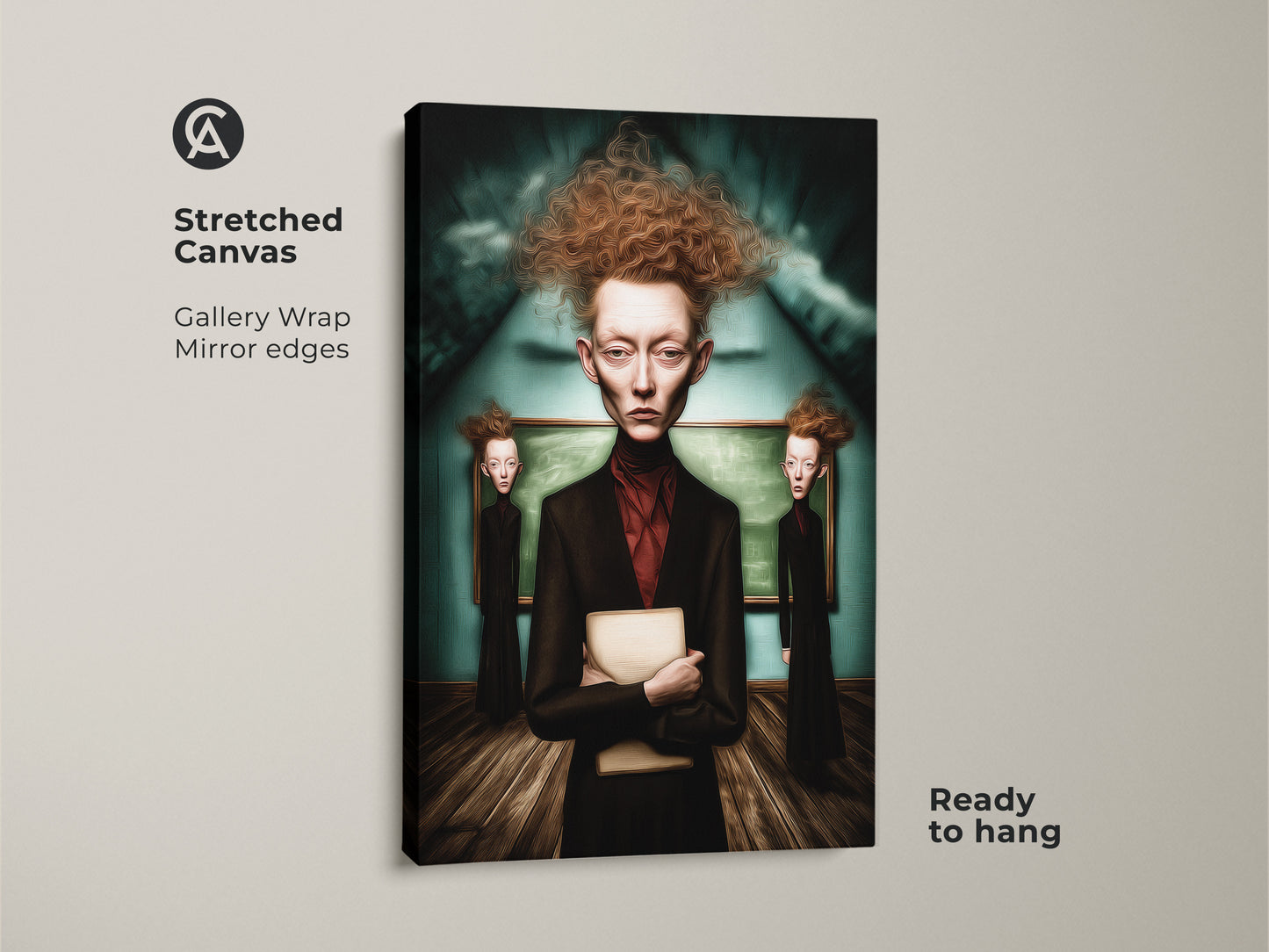 Stretched canvas displays surrealist portrait artwork. The gallery wrap has mirror edges. Ready to hang this Gothic style canvas print enhances study room decor. This dark academia art adds an eclectic touch to any space.