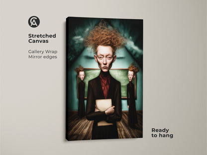 Stretched canvas displays surrealist portrait artwork. The gallery wrap has mirror edges. Ready to hang this Gothic style canvas print enhances study room decor. This dark academia art adds an eclectic touch to any space.