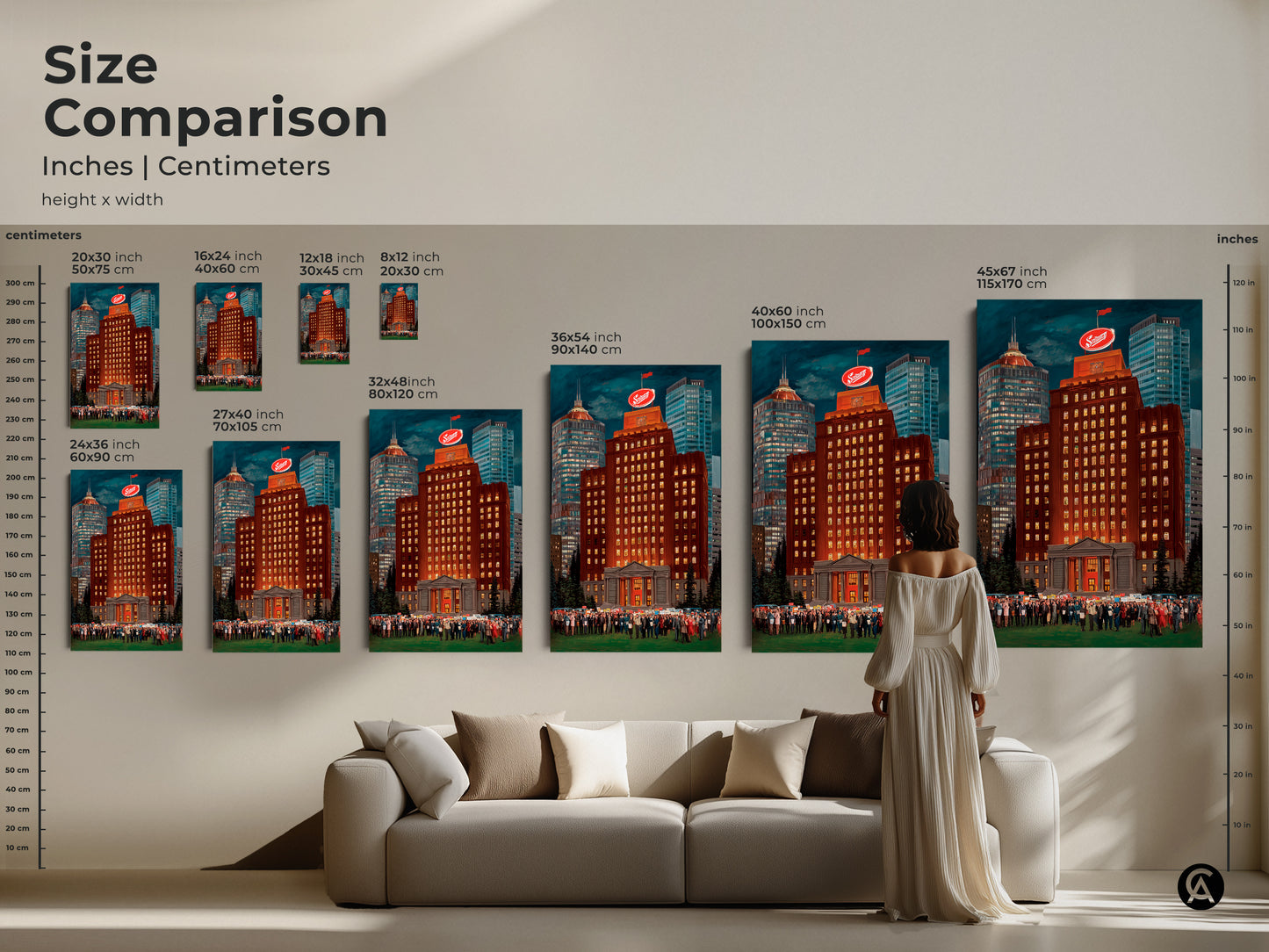Size comparison of cityscape art prints in inches and centimeters. This photo illustrates the differences between small to extra large art prints. Perfect for finding the right size for your space whether it is a poster or canvas.