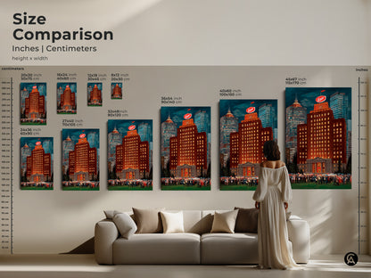 Size comparison of cityscape art prints in inches and centimeters. This photo illustrates the differences between small to extra large art prints. Perfect for finding the right size for your space whether it is a poster or canvas.