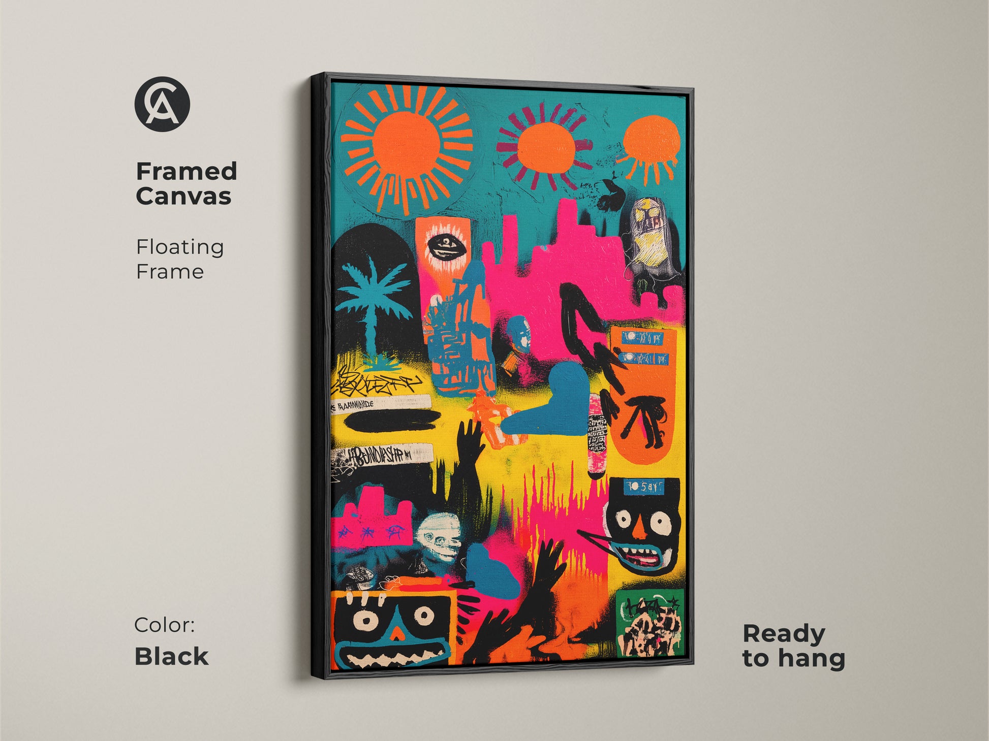 Framed canvas with a floating frame in black. The abstract artwork features bright colors and graffiti-style figures. This modern art piece is ready to hang. The framed canvas enhances any living space with creativity and style