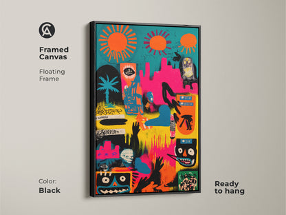Framed canvas with a floating frame in black. The abstract artwork features bright colors and graffiti-style figures. This modern art piece is ready to hang. The framed canvas enhances any living space with creativity and style