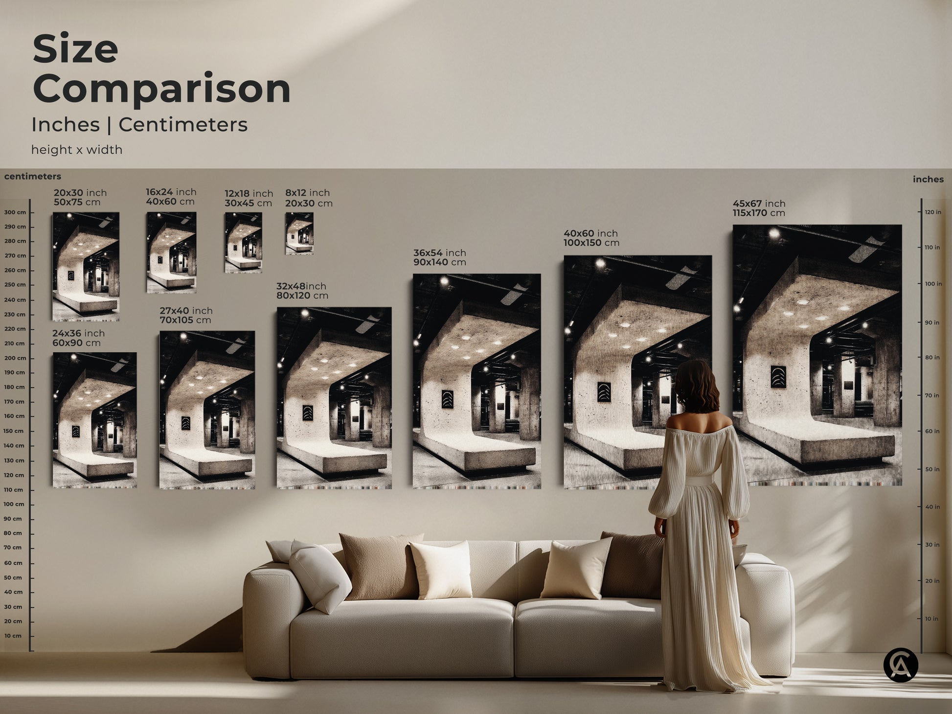 Size comparison of Brutalist architecture canvas art print. Black and white artwork next to sofa gives a sense of scale. Loft wall decor that complements contemporary office decor. Explore modern minimalist art for housewarming gifts. Discover your perfect fit today!