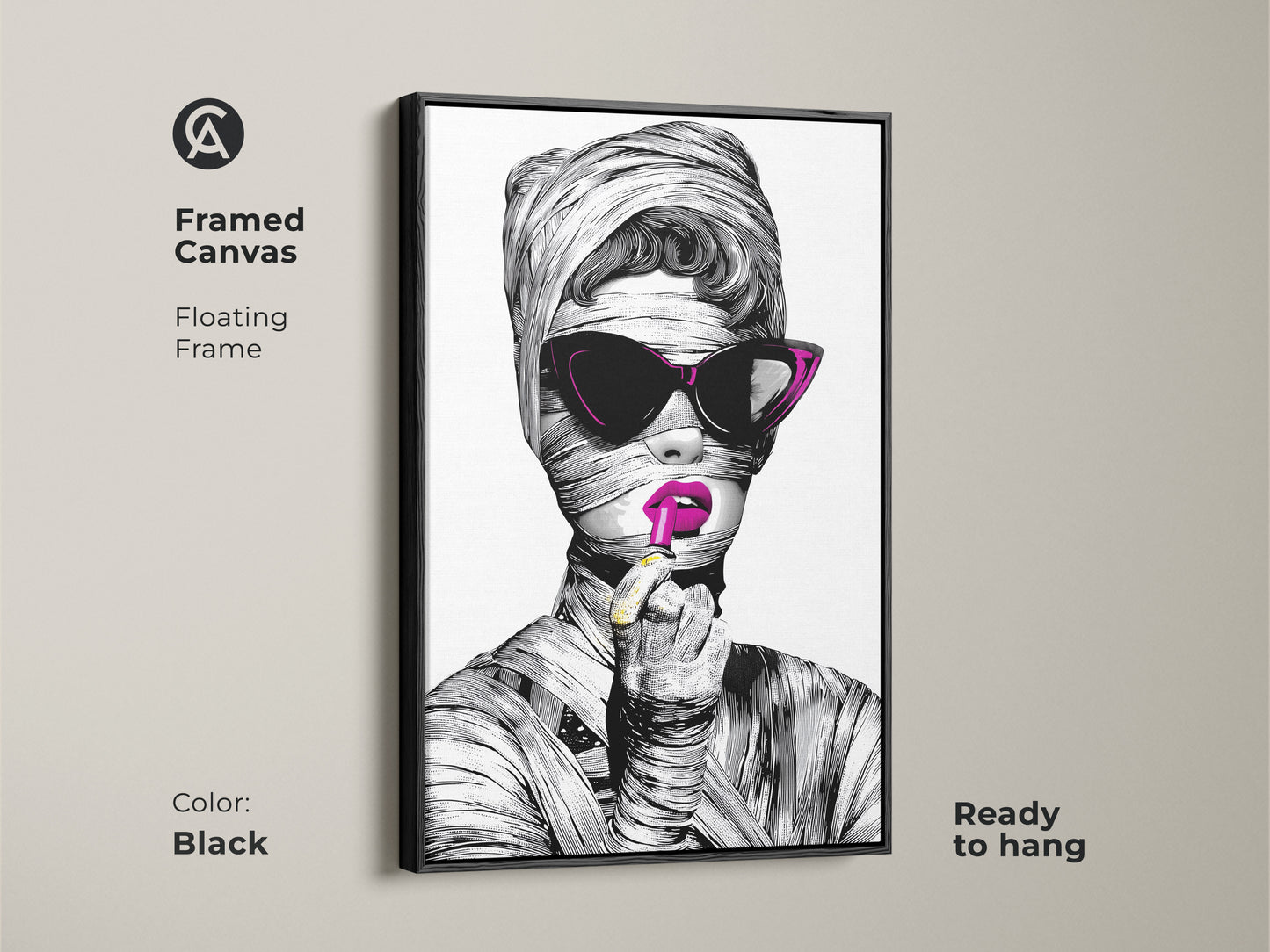 Framed Canvas of a stylish woman portrait. The black floating frame enhances the fashionable woman artwork. She is in a surreal black and white art print. The modern eclectic decor is ready to hang as glam bedroom art.