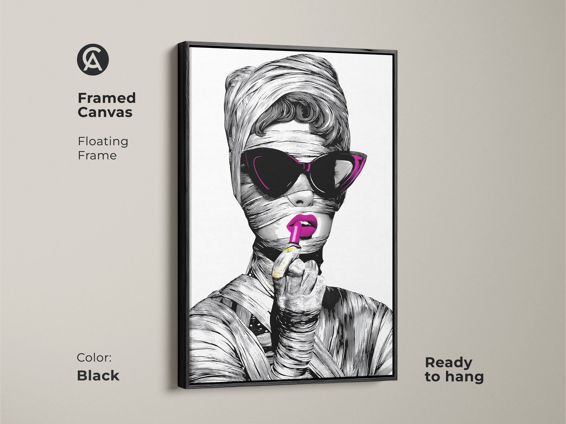 Framed Canvas of a stylish woman portrait. The black floating frame enhances the fashionable woman artwork. She is in a surreal black and white art print. The modern eclectic decor is ready to hang as glam bedroom art.