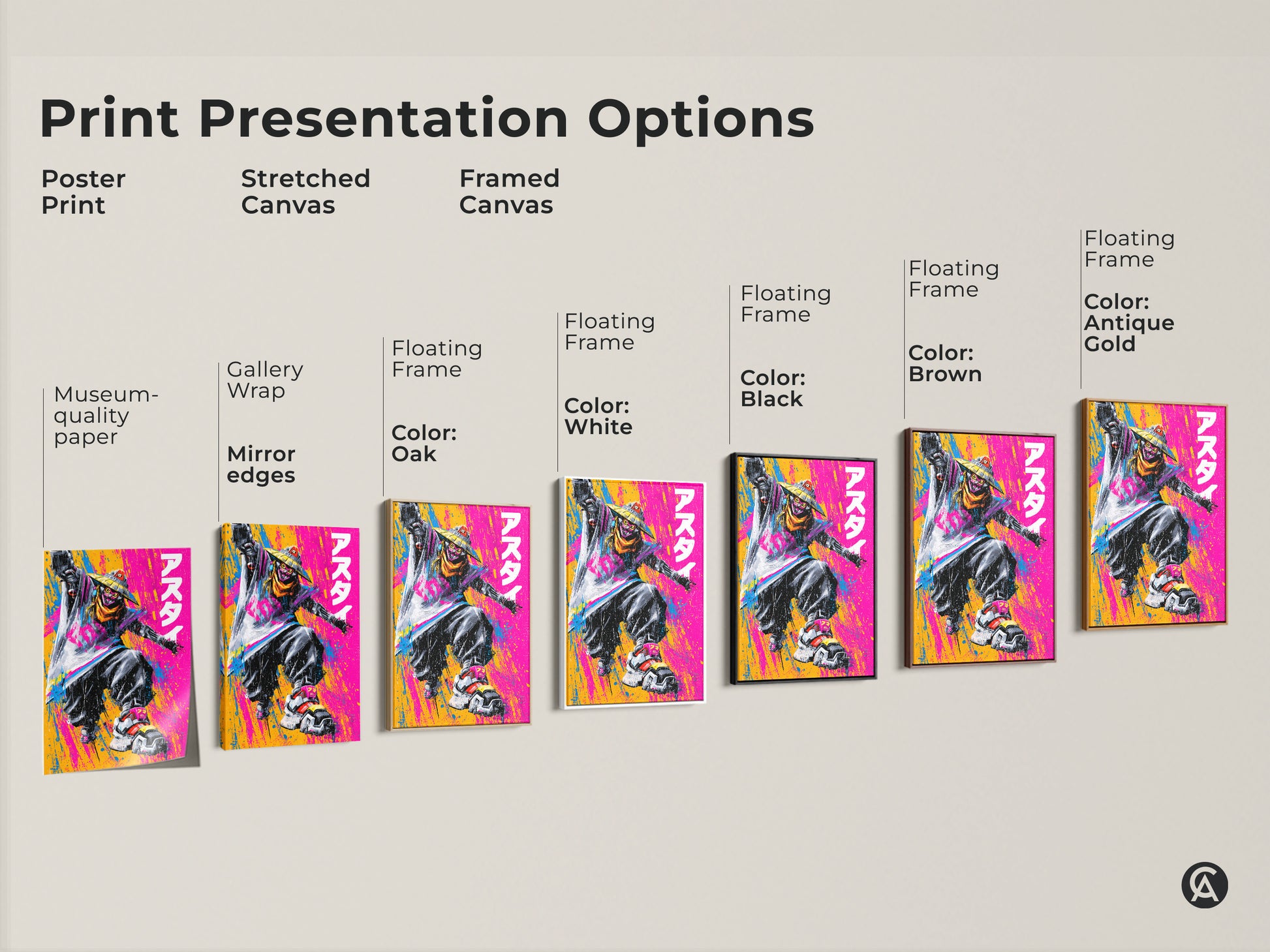 Explore print presentation options for museum-quality art. Choose from poster prints stretched canvas and framed canvas. Customize with floating frames in various colors. Find the perfect art for your style.