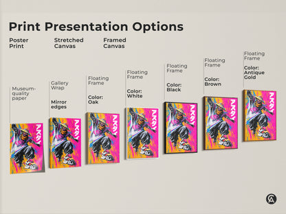 Explore print presentation options for museum-quality art. Choose from poster prints stretched canvas and framed canvas. Customize with floating frames in various colors. Find the perfect art for your style.