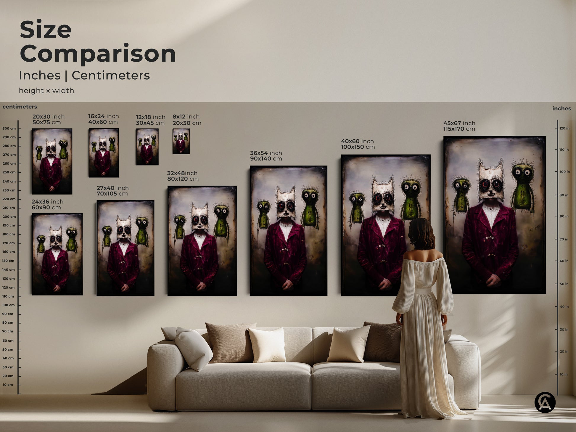 Compare sizes of this unique character art. Sizes range from small to large. The artwork features a surreal character with a gothic mask. It is a perfect addition to any eclectic home. Find the ideal size to match your space.