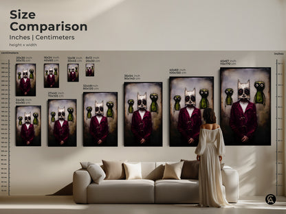 Compare sizes of this unique character art. Sizes range from small to large. The artwork features a surreal character with a gothic mask. It is a perfect addition to any eclectic home. Find the ideal size to match your space.