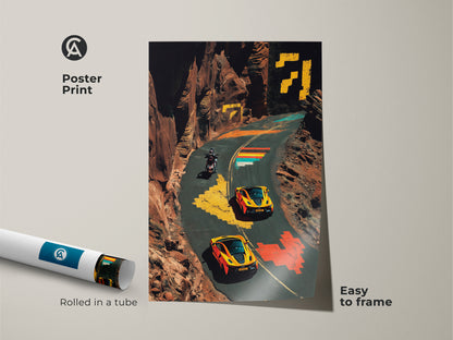 This pixel art poster print showcases sports cars and a motorcycle in a vibrant landscape. The artwork is rolled in a tube for easy framing. The bold colors and unique style make it a standout piece. Add adventure to your decor with this F1 fan gift idea. It is perfect for an office or living space.