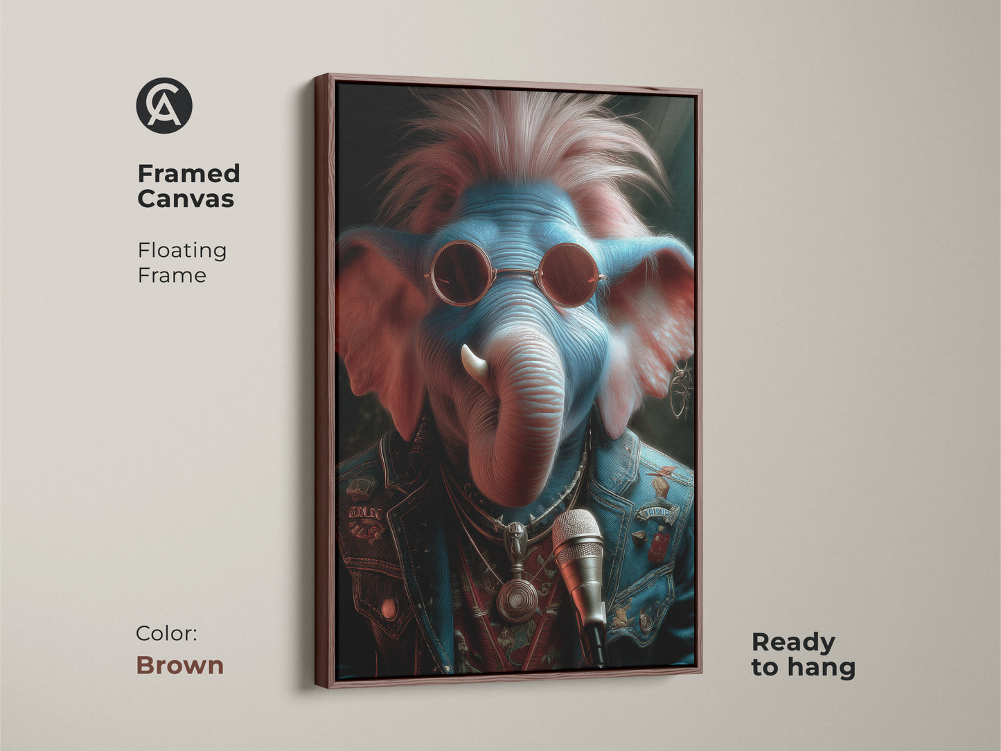 Framed in brown this canvas features a rockstar elephant. The animal is in a punk rock style. This unique wall art gift is ready to hang. This piece will add an eclectic touch to your music room. A great addition to your man cave wall decor.