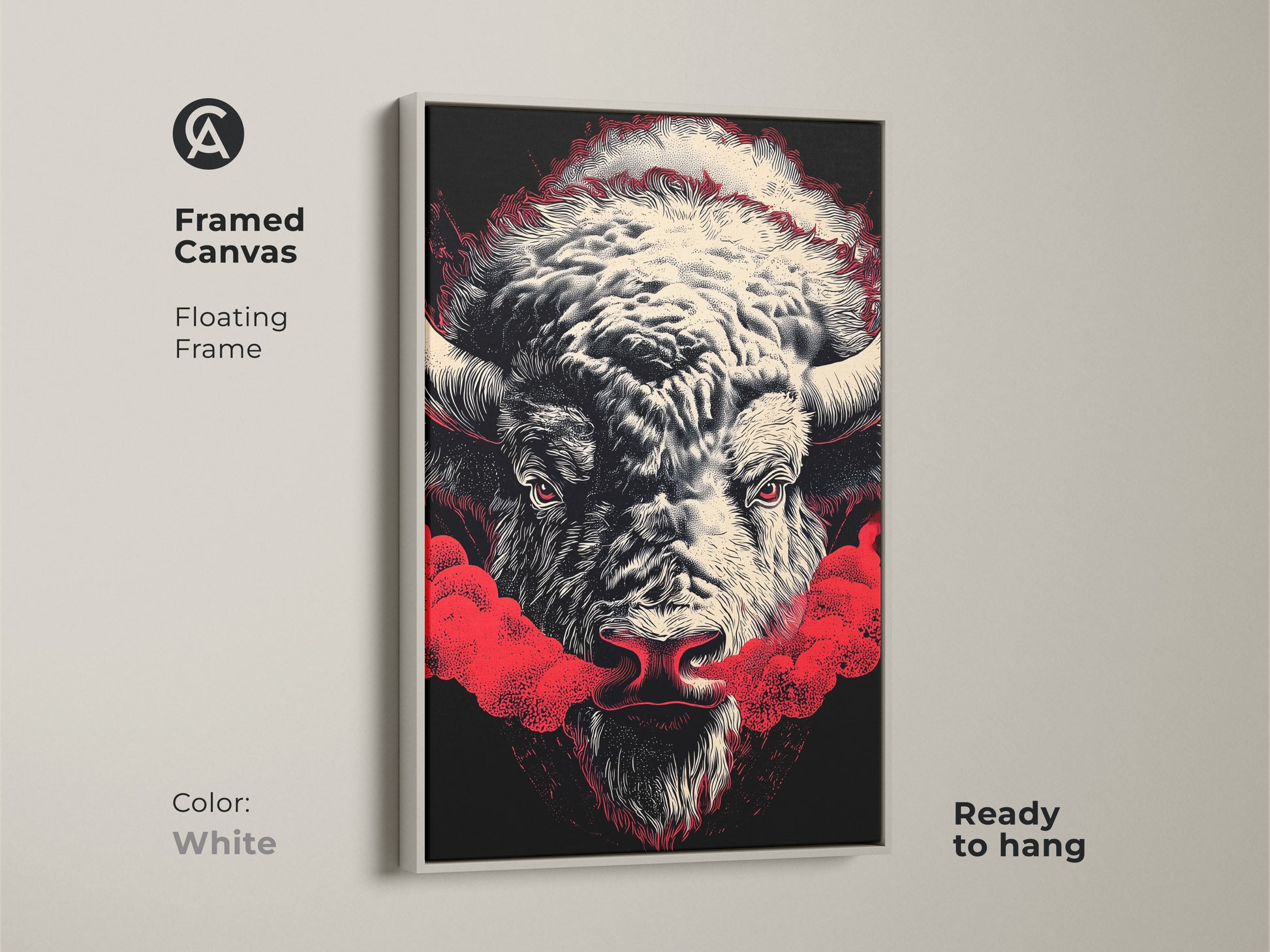 Framed canvas with a floating frame displays a buffalo artwork. The white frame offers a clean modern look. The striking buffalo art features a black background and red accents. Ready to hang this piece complements any decor. Great addition for art lovers.