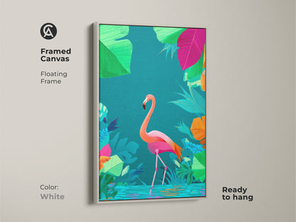 Framed canvas with a floating white frame showcasing a flamingo art print. The boho artwork has pink orange and teal leaves. This nature-inspired canvas is ready to hang.
