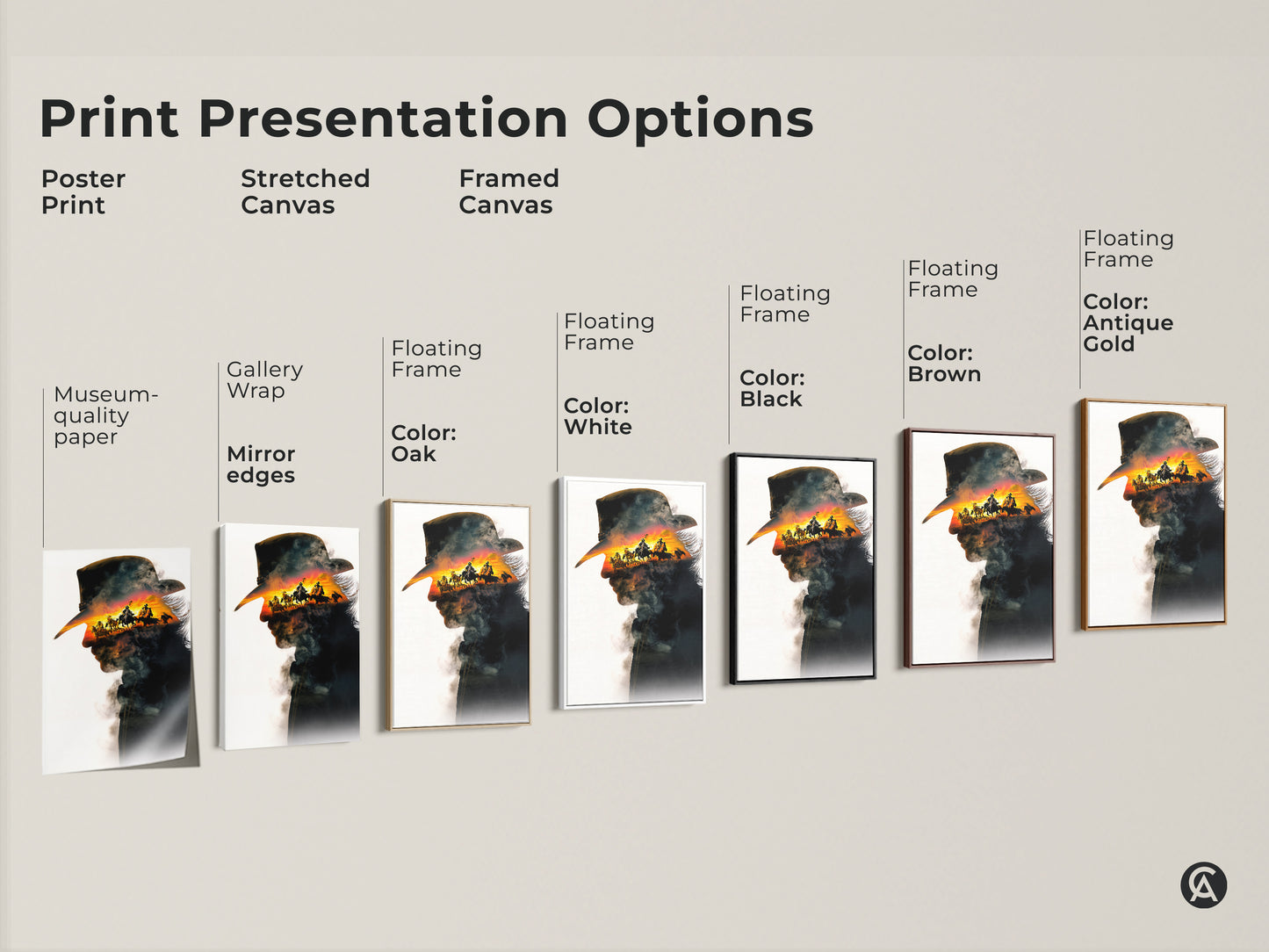 Explore print presentation options with this cowboy artwork display. See the western art in poster stretched and framed canvas forms. Options include gallery wrap floating frame and museum-quality paper. Find the perfect style for your rustic western sunset horseback riding canvas.