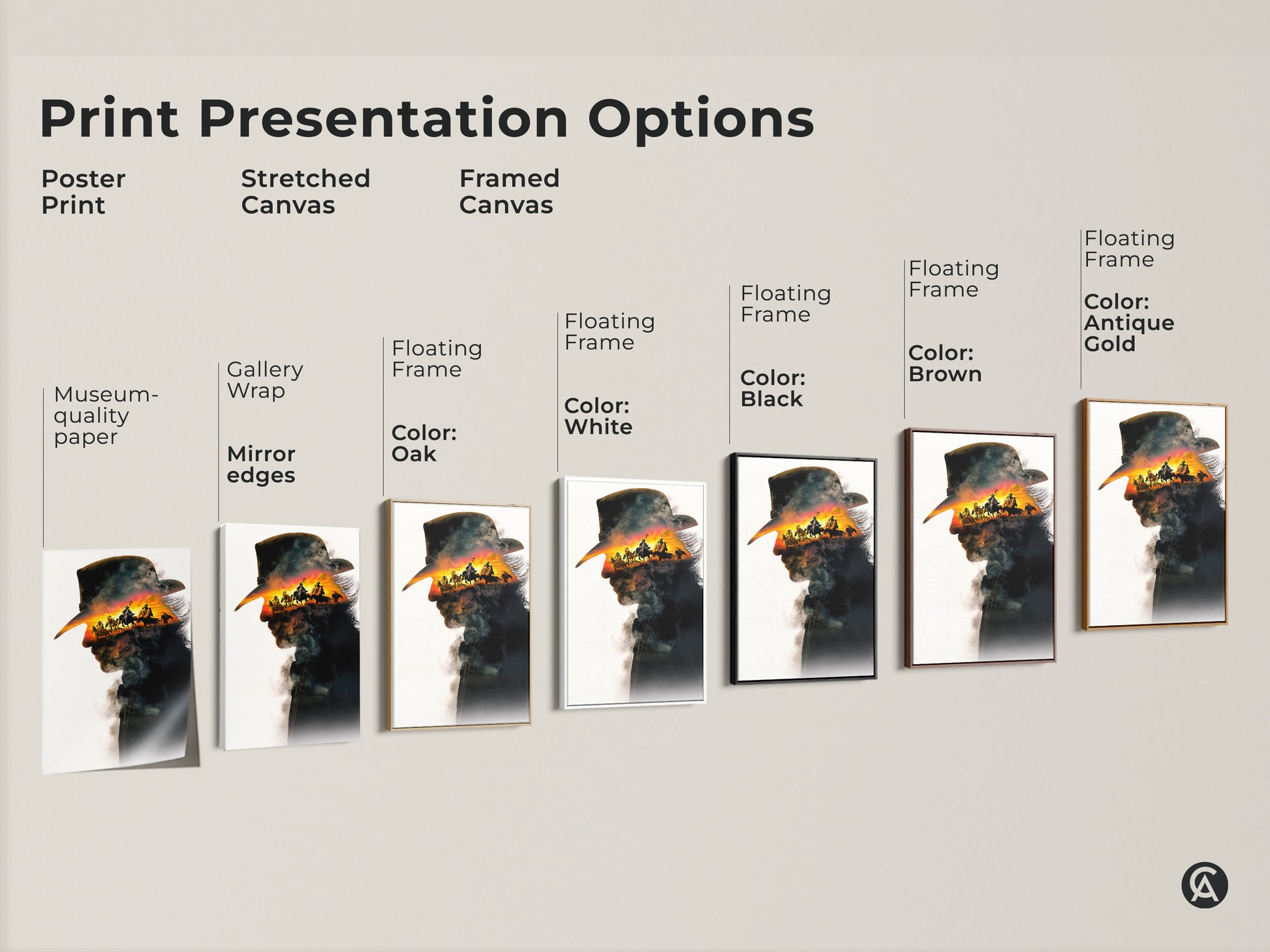 Explore print presentation options with this cowboy artwork display. See the western art in poster stretched and framed canvas forms. Options include gallery wrap floating frame and museum-quality paper. Find the perfect style for your rustic western sunset horseback riding canvas.