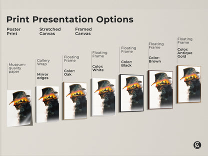 Explore print presentation options with this cowboy artwork display. See the western art in poster stretched and framed canvas forms. Options include gallery wrap floating frame and museum-quality paper. Find the perfect style for your rustic western sunset horseback riding canvas.