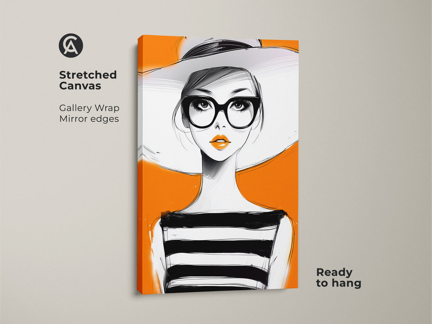 Stretched canvas gallery wrap featuring a pop art woman. This fashion portrait wall art shows orange lips and stylish glasses. The contemporary woman art is ready to hang. Perfect for a chic bedroom or stylish living room. A great birthday gift for her.