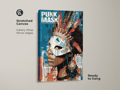 Stretched canvas art showcases a 'Punk Mask' portrait. This unique piece blends tribal and grunge aesthetics. The gallery wrap with mirror edges enhances the artwork's visual appeal. It's ready to hang and adds an edgy touch to any space. The feather headdress and blue red orange palette create a captivating focal point.