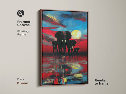 Framed canvas showcases abstract elephant art under a sunset. The brown floating frame adds warmth to the wildlife artwork. Ready to hang for easy display with colors of crimson and azure sky. Great home interior art.