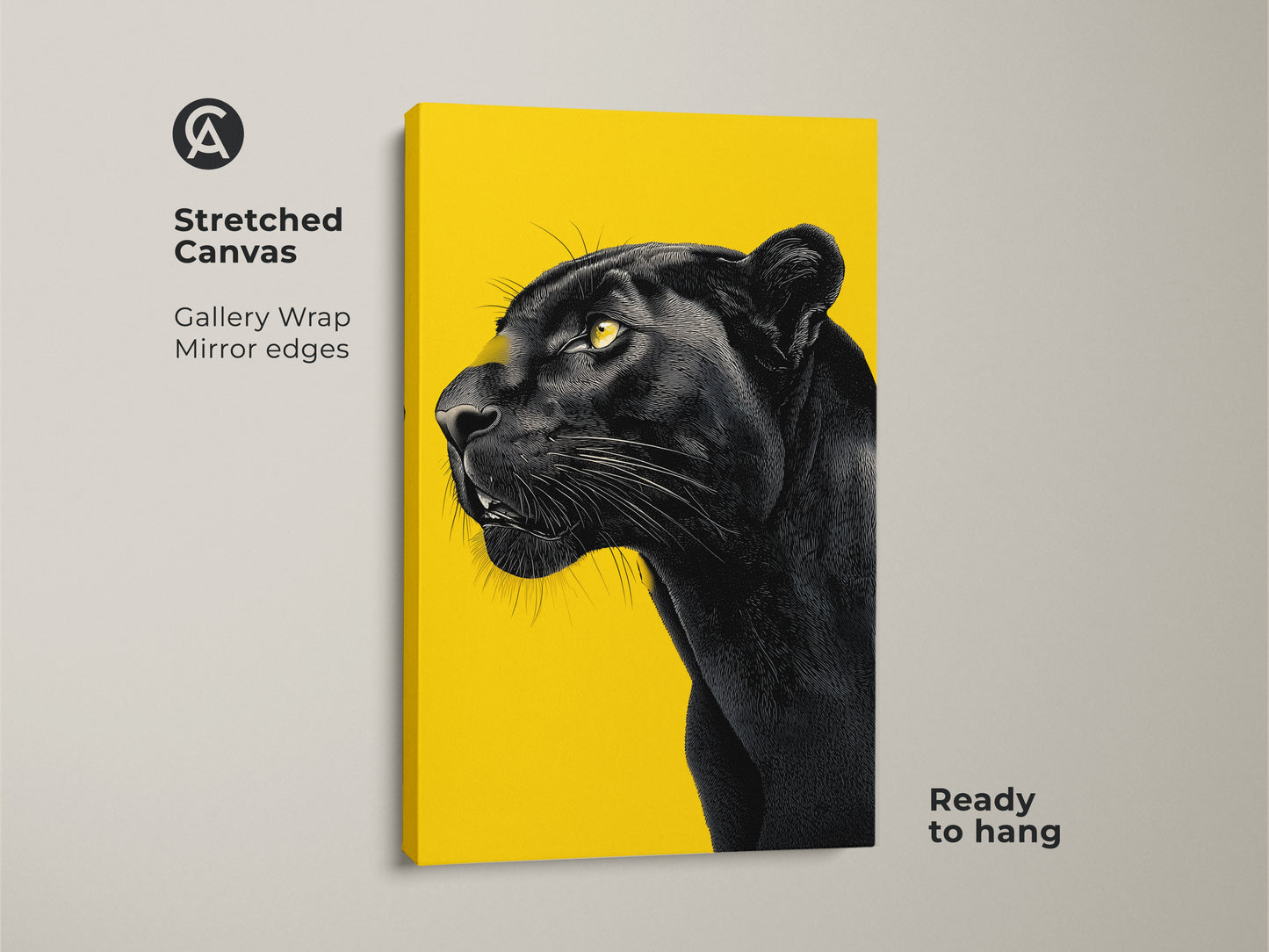 Stretched canvas art featuring a black panther portrait on a bright yellow background. This gallery-wrapped canvas has mirrored edges for a clean modern look. The artwork is ready to hang making it an easy addition to your wall decor. Perfect for animal lovers this panther art brings a bold statement.