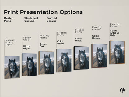 Explore print presentation options for the photorealistic horse art. Choose from poster prints stretched canvas and framed canvas. Options include black brown antique gold and white frames. Find the perfect rustic equine wall decor to enhance your space. Ideal for horse lovers.