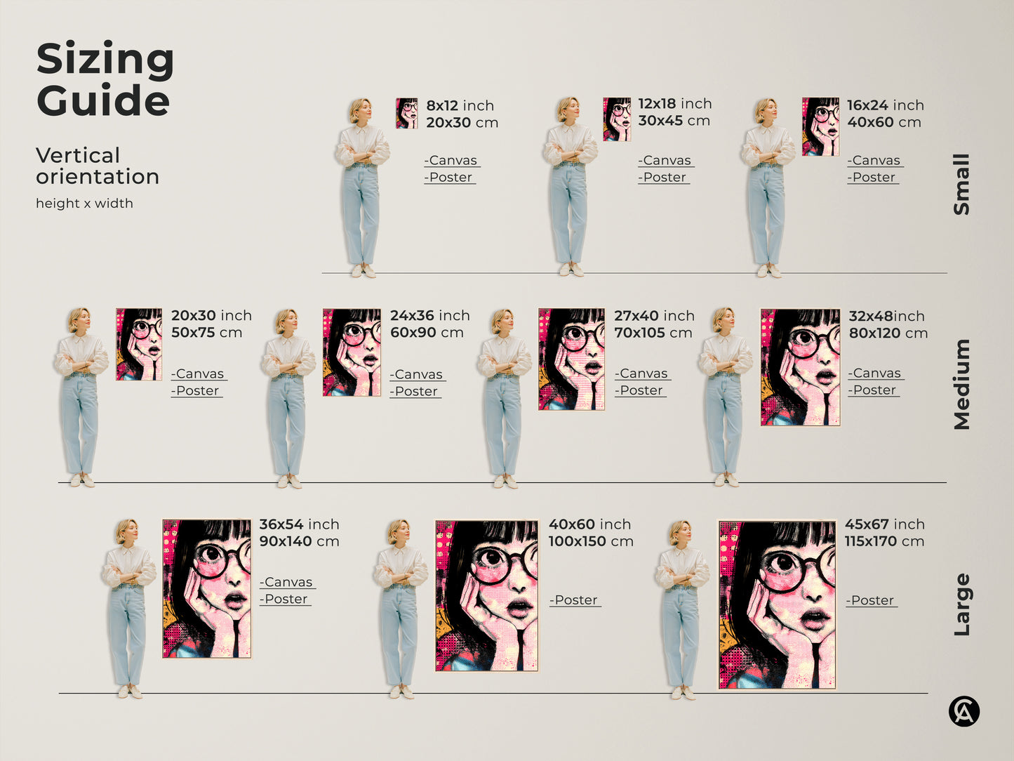 Sizing guide featuring anime girl art. Find the perfect fit for your retro pop art canvas. Choose from small medium and large sizes. The hot pink and yellow artwork is great for eclectic decor. It's a unique birthday gift idea for anime fans. Get the perfect size for your space.