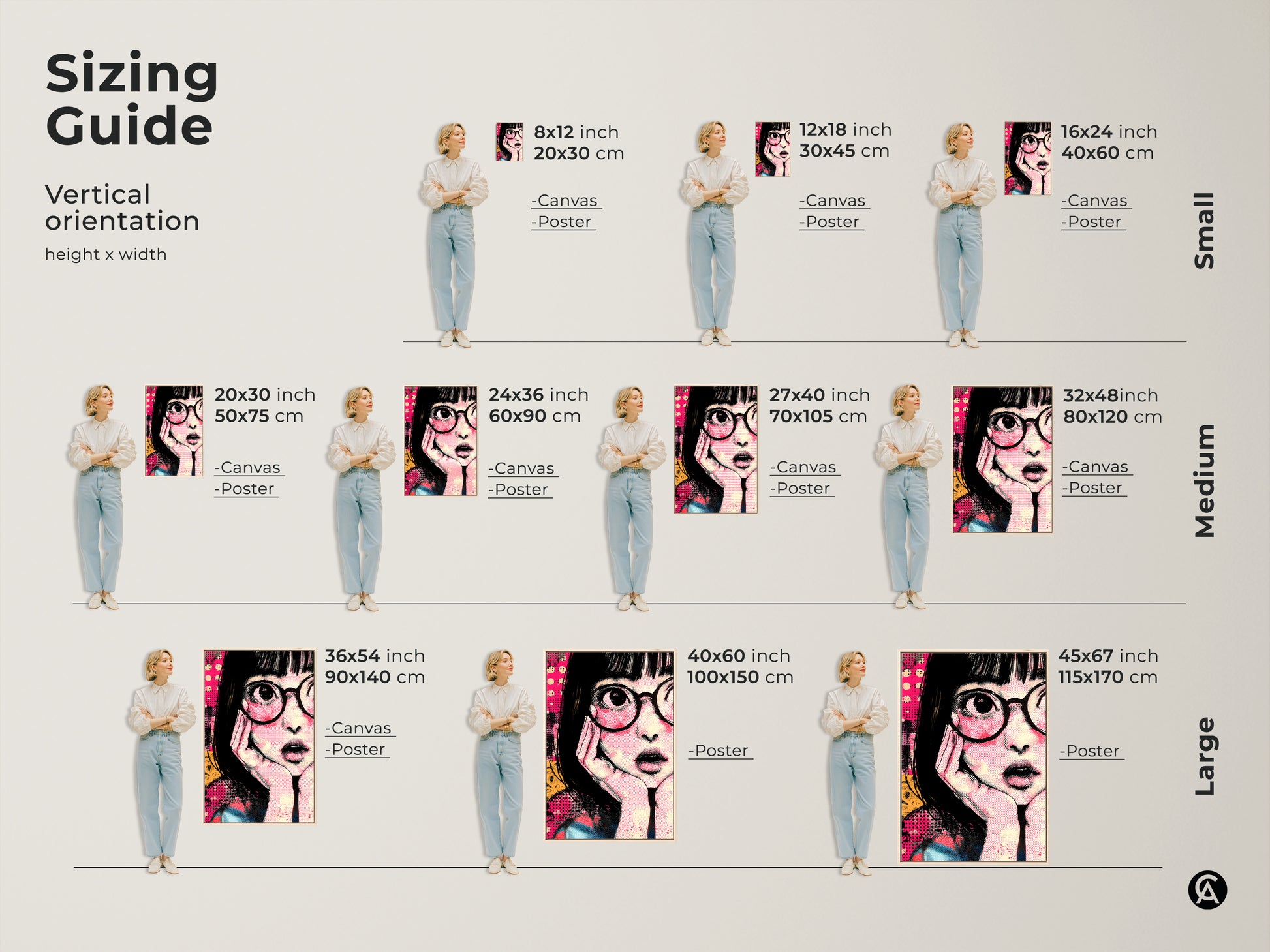 Sizing guide featuring anime girl art. Find the perfect fit for your retro pop art canvas. Choose from small medium and large sizes. The hot pink and yellow artwork is great for eclectic decor. It's a unique birthday gift idea for anime fans. Get the perfect size for your space.
