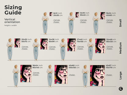 Sizing guide featuring anime girl art. Find the perfect fit for your retro pop art canvas. Choose from small medium and large sizes. The hot pink and yellow artwork is great for eclectic decor. It's a unique birthday gift idea for anime fans. Get the perfect size for your space.