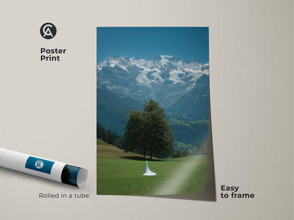 Poster print of cinematic mountain art featuring a bride figure. Rolled in a tube for easy framing. This fine art landscape canvas is inspired by nature. The blue green scenic wall art makes a thoughtful wedding gift. Contemporary home decor print. It brings bridal gown mountains art into your space. Romantic landscape canvas.