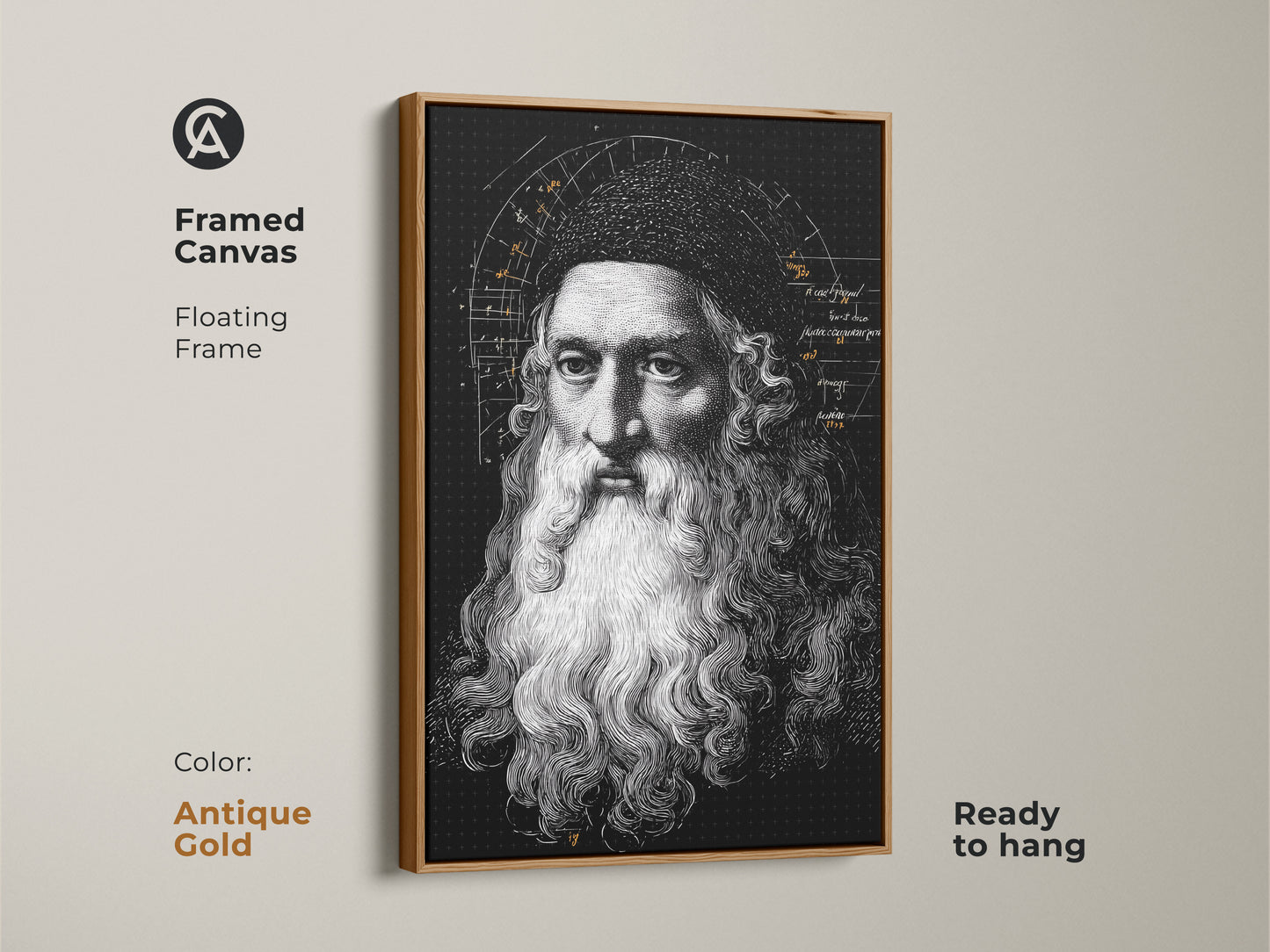 Framed canvas featuring Leonardo da Vinci art. The antique gold floating frame enhances this Renaissance portrait. This vintage scientific diagram print adds traditional academic art. The historical figure artwork is ready to hang. Enhance your study or office space.