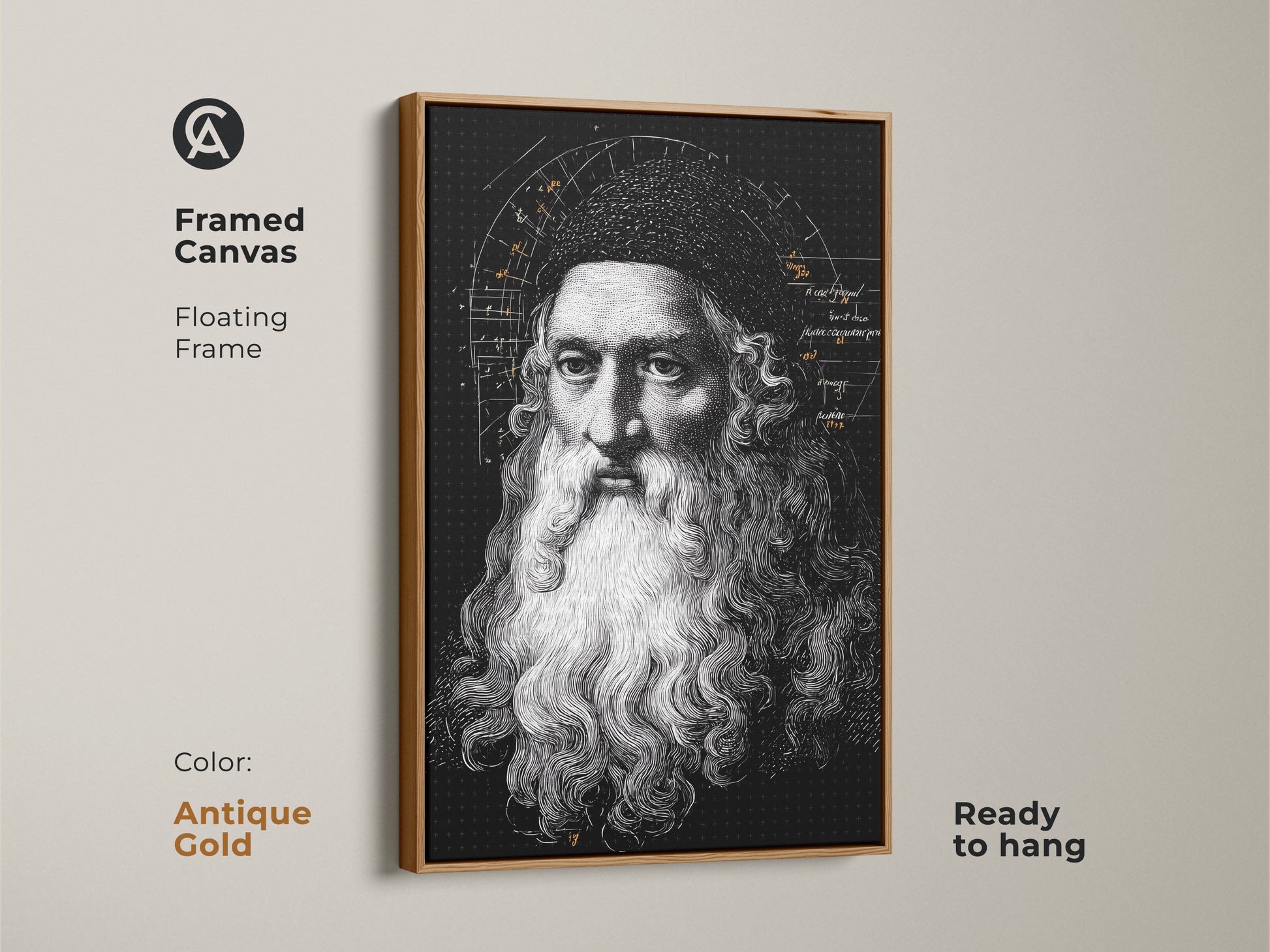Framed canvas featuring Leonardo da Vinci art. The antique gold floating frame enhances this Renaissance portrait. This vintage scientific diagram print adds traditional academic art. The historical figure artwork is ready to hang. Enhance your study or office space.