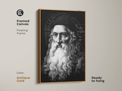 Framed canvas featuring Leonardo da Vinci art. The antique gold floating frame enhances this Renaissance portrait. This vintage scientific diagram print adds traditional academic art. The historical figure artwork is ready to hang. Enhance your study or office space.