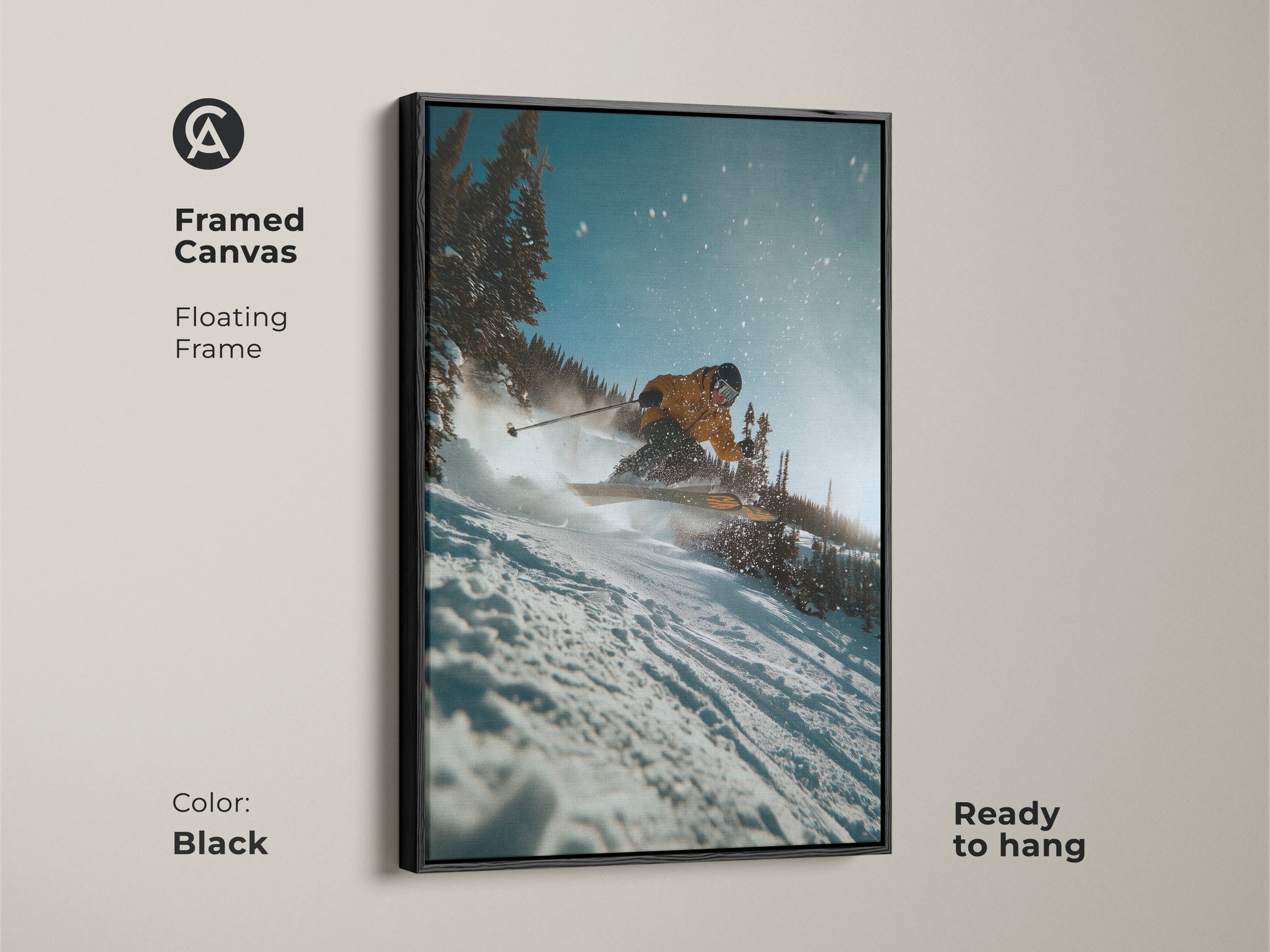 Enhance your decor with framed ski art. This canvas print features a skier in action. The floating frame adds a modern touch. The black frame complements the dynamic scene. It is ready to hang and enjoy in your living room. Order Now