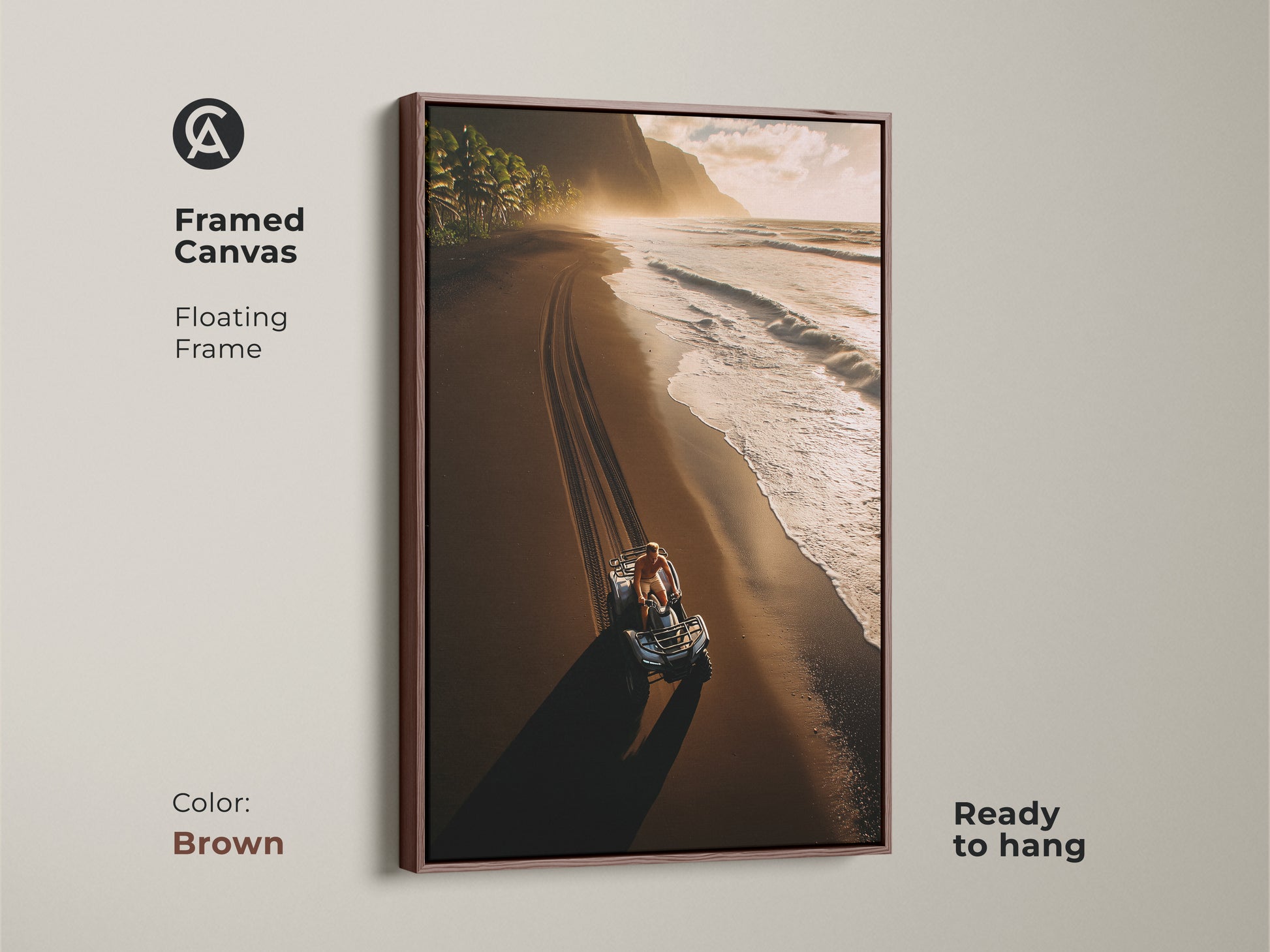 Framed Canvas featuring coastal landscape photography. Brown floating frame is ready to hang. Ocean blue and warm earth tones art is perfect for entry hall coastal decor.