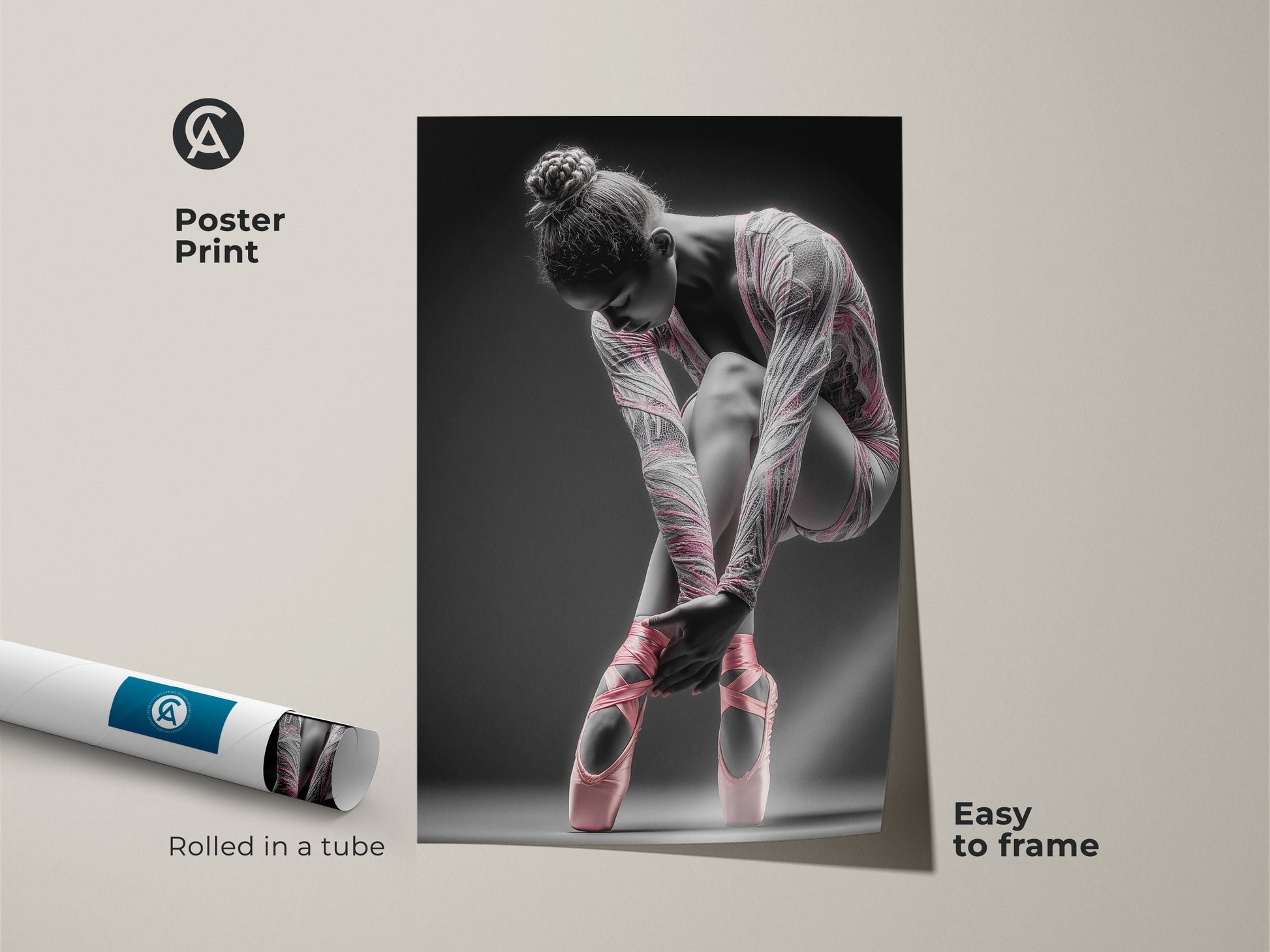 Ballerina poster print rolled in a tube. This museum-quality paper print is easy to frame. The art shows a ballerina tying her pink ballet shoes. Get this poster for easy wall decoration.
