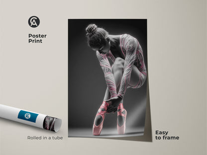 Ballerina poster print rolled in a tube. This museum-quality paper print is easy to frame. The art shows a ballerina tying her pink ballet shoes. Get this poster for easy wall decoration.