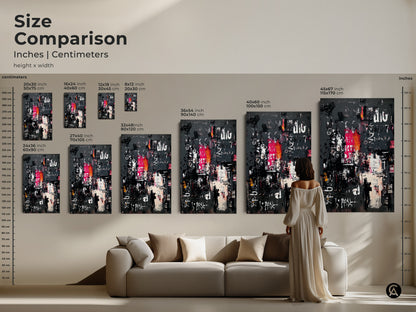 Size comparison of abstract artwork in inches and centimeters. See the art in various sizes next to a sofa. Options range from 8x12 inch to 45x67 inch. Visualize how each size fits in your living space. Find the perfect dimensions.