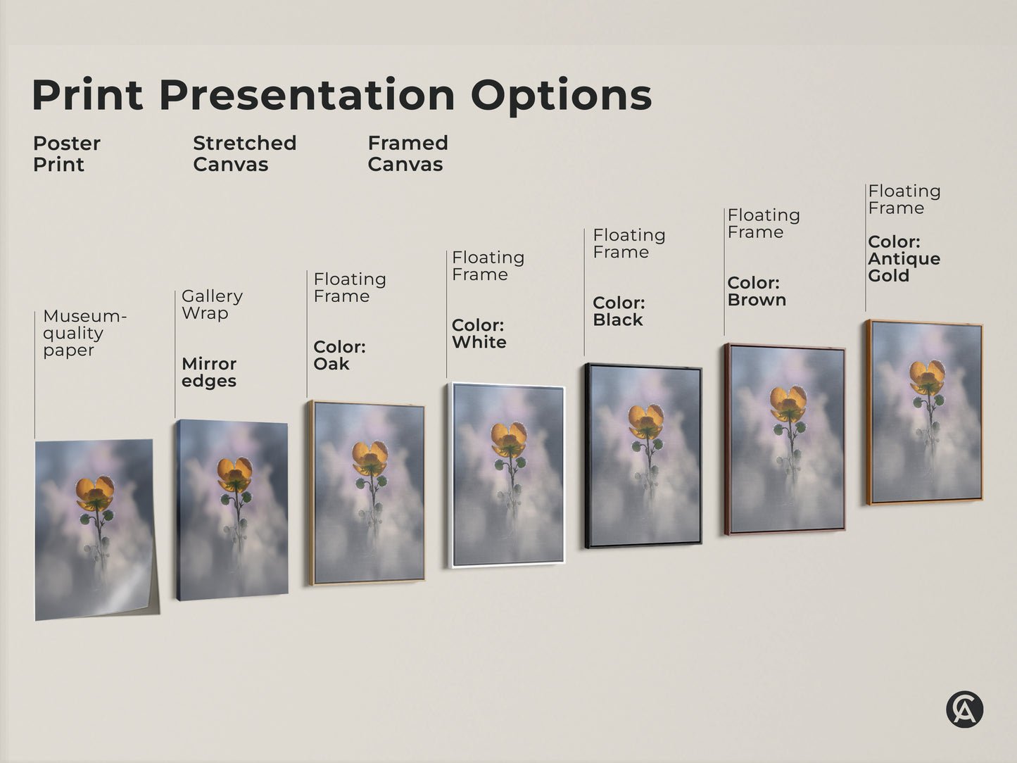 Print presentation options showcasing yellow buttercup artwork. Poster print stretched canvas and framed canvas options are available. Choose from gallery wrap mirror edges and floating frames in various colors. These botanical prints are perfect for boho decor.