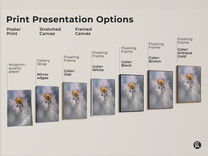 Print presentation options showcasing yellow buttercup artwork. Poster print stretched canvas and framed canvas options are available. Choose from gallery wrap mirror edges and floating frames in various colors. These botanical prints are perfect for boho decor.