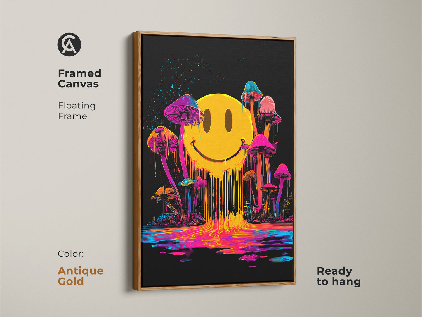 Antique gold framed canvas art print. This artwork features a melting smiley face with neon dripping colors. Mushrooms grow around the smiley face. The art has a black background. This floating frame canvas is ready to hang.