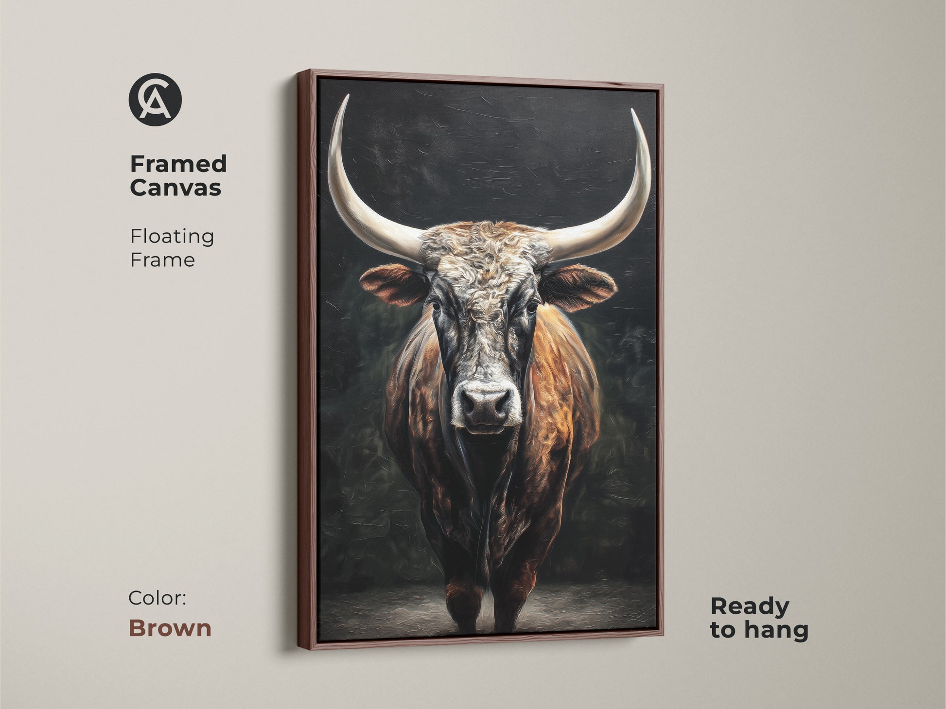 Framed canvas featuring a rustic Texas Longhorn. A brown floating frame complements the bull artwork. This ready-to-hang animal wall art adds charm. It's brown tan farmhouse wall decor at its finest. Perfect as office wall decor. This bull canvas art is a study art print.