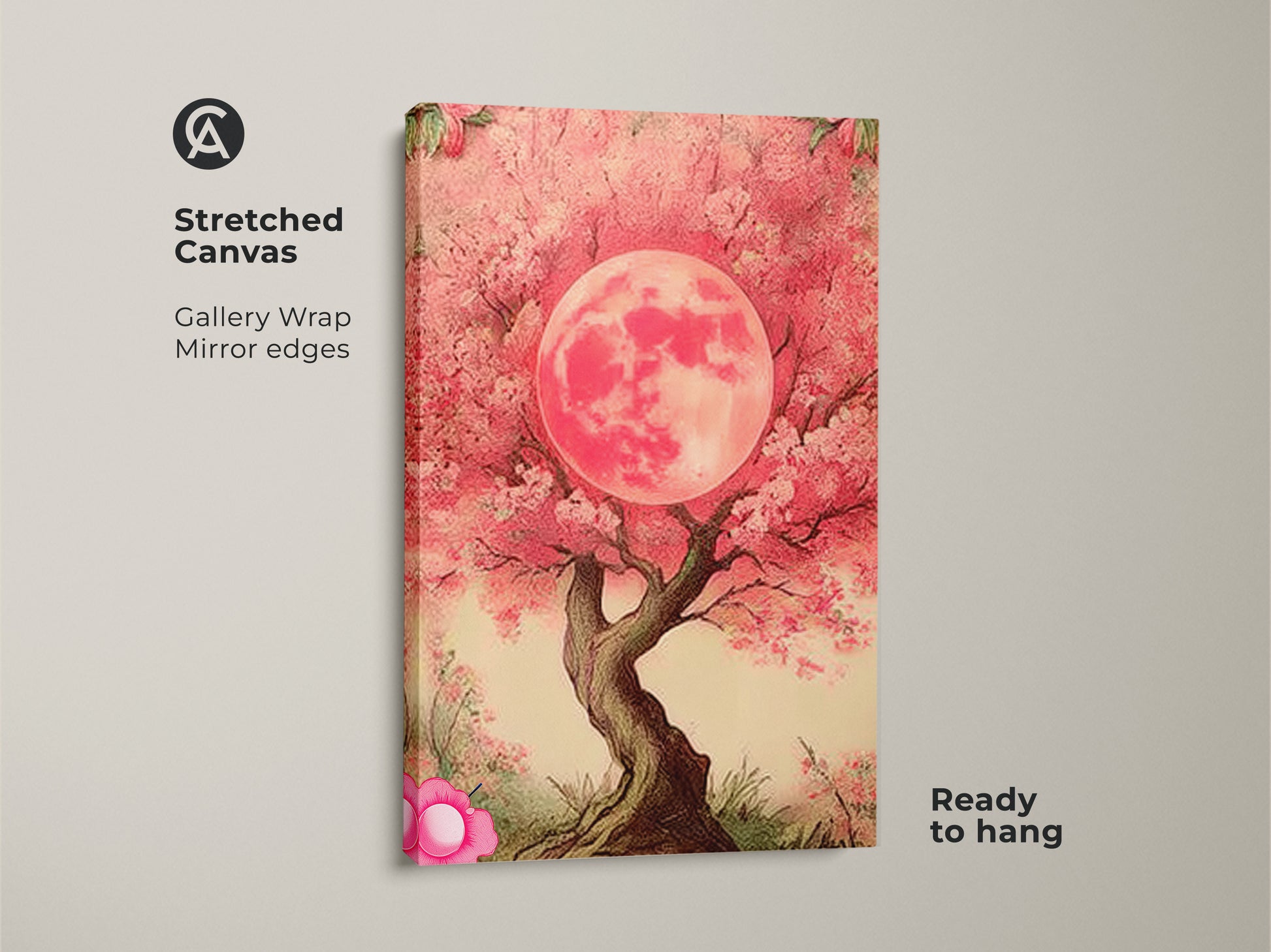 Stretched canvas showcasing a Pink Moon Tree. This gallery wrap with mirror edges features fuchsia floral art. Ready to hang bohemian wall art for a dreamy botanical aesthetic. It's a unique piece.