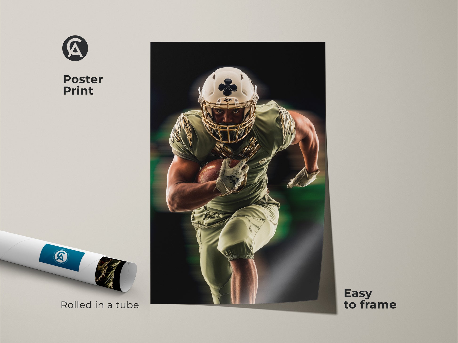 Poster Print of an American Football player in action. The modern sports artwork is easy to frame. This olive green and gold wall art is a great gift for sports fans and looks great in any office.
